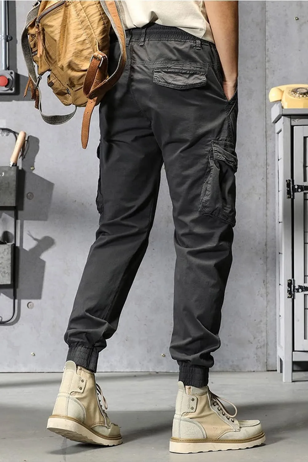 Depslee Men's Casual Cotton Relaxed Straight Cargo Pants,Multi-Pocket Light Outdoor Beam Foot Harem Pants with Drawstring