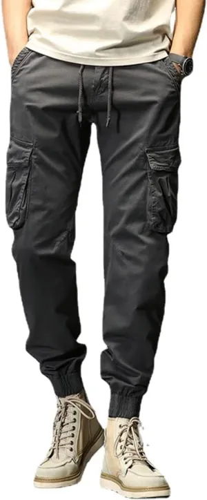 Depslee Men's Casual Cotton Relaxed Straight Cargo Pants,Multi-Pocket Light Outdoor Beam Foot Harem Pants with Drawstring