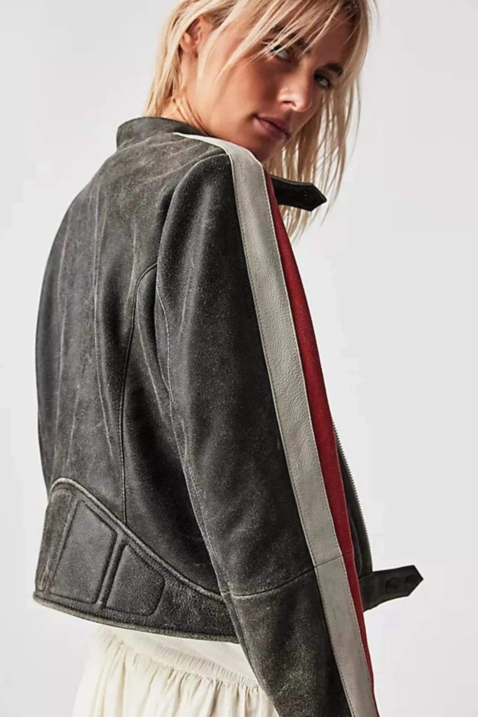 Distressed Two Tone Biker Leather Jacket