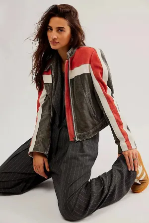 Distressed Two Tone Biker Leather Jacket