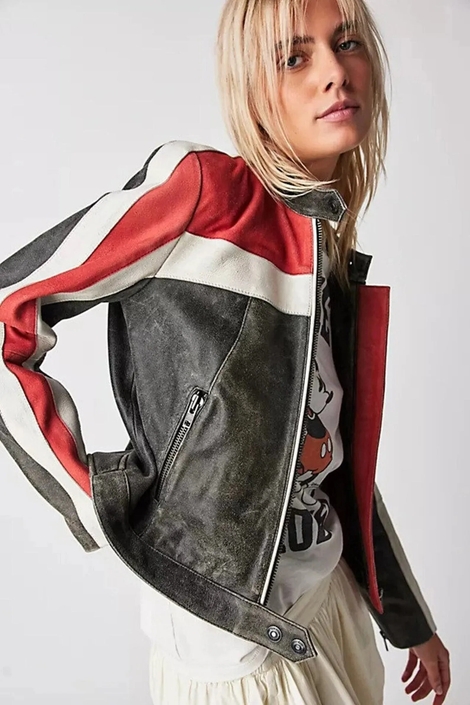 Distressed Two Tone Biker Leather Jacket