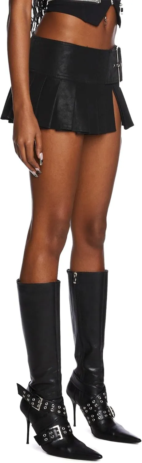 Dolls Kill Viral Takeover Mini Skirt by Poster GRL  Vegan Leather Pleated Skirt with Adjustable Buckle Belt