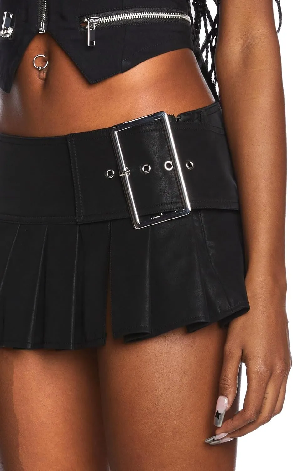 Dolls Kill Viral Takeover Mini Skirt by Poster GRL  Vegan Leather Pleated Skirt with Adjustable Buckle Belt