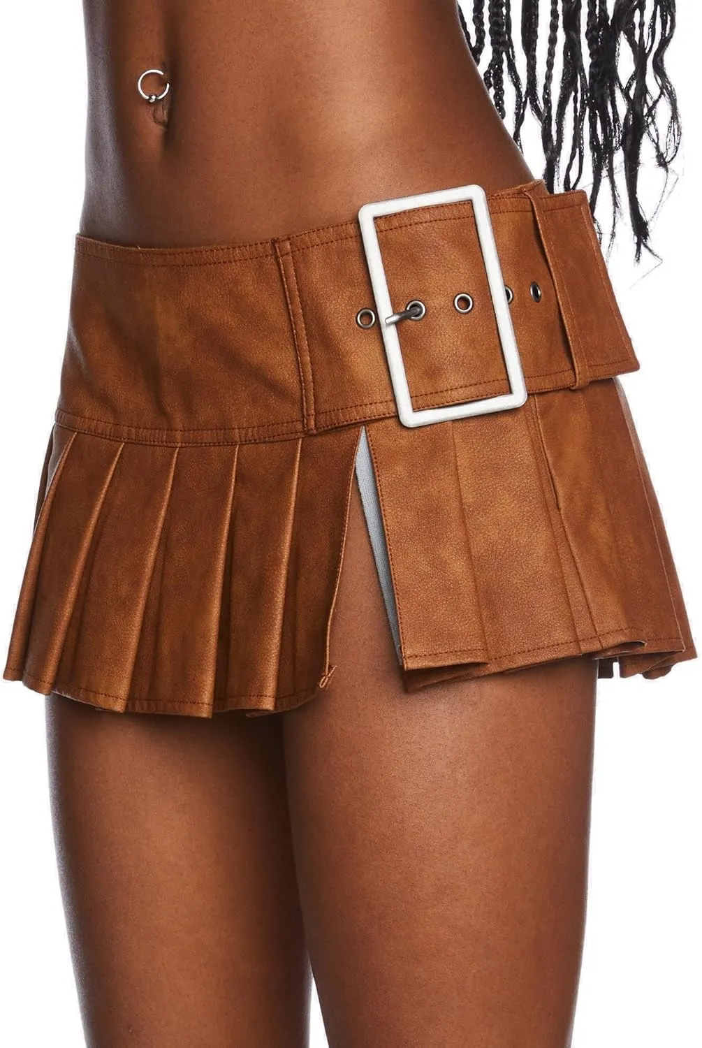 Dolls Kill Viral Takeover Mini Skirt by Poster GRL  Vegan Leather Pleated Skirt with Adjustable Buckle Belt