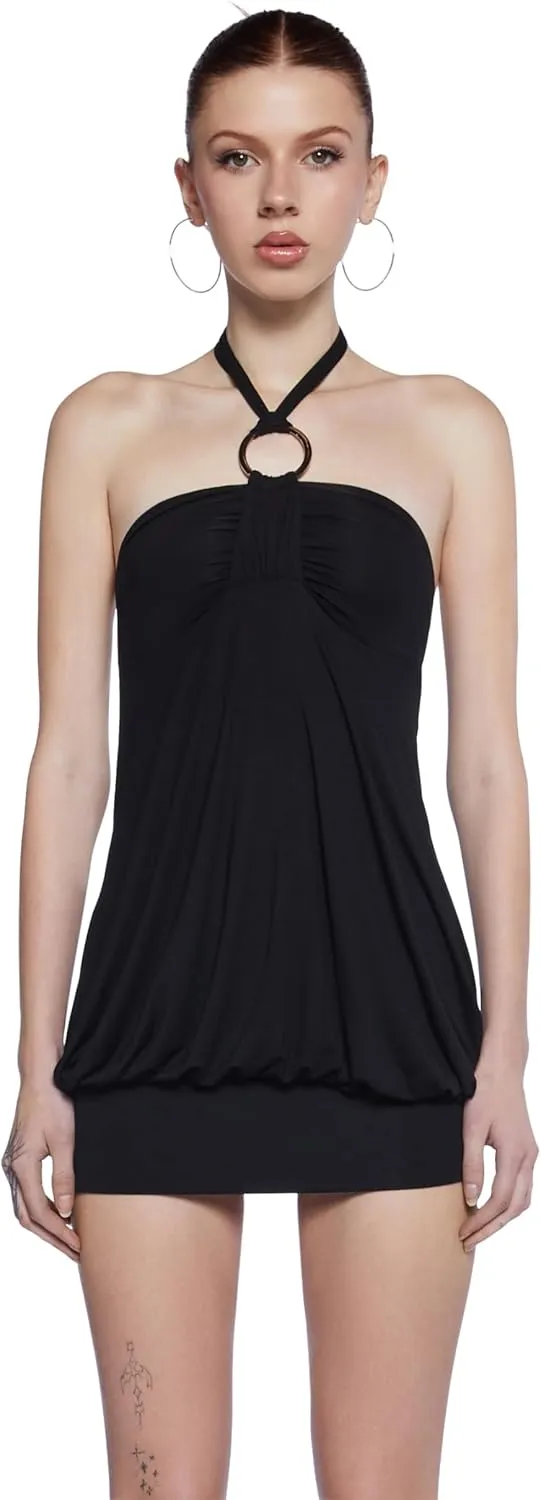 Dolls Kill Y2K Bubble Mini Dress by Generation Kiss  Trendy Halter Neck Dress with Ruched Bust and Bubble Hem