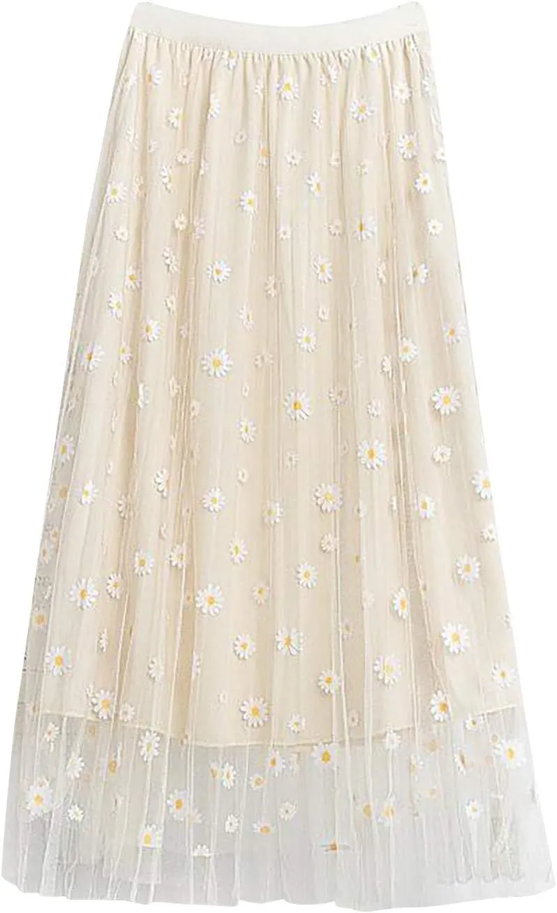 Elastic Waist skirts for women midi length Big Swing A-LineTulle Skirt skirts for women trendy Floral Pleated Mesh Overlay
