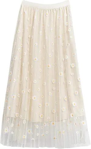 Elastic Waist skirts for women midi length Big Swing A-LineTulle Skirt skirts for women trendy Floral Pleated Mesh Overlay