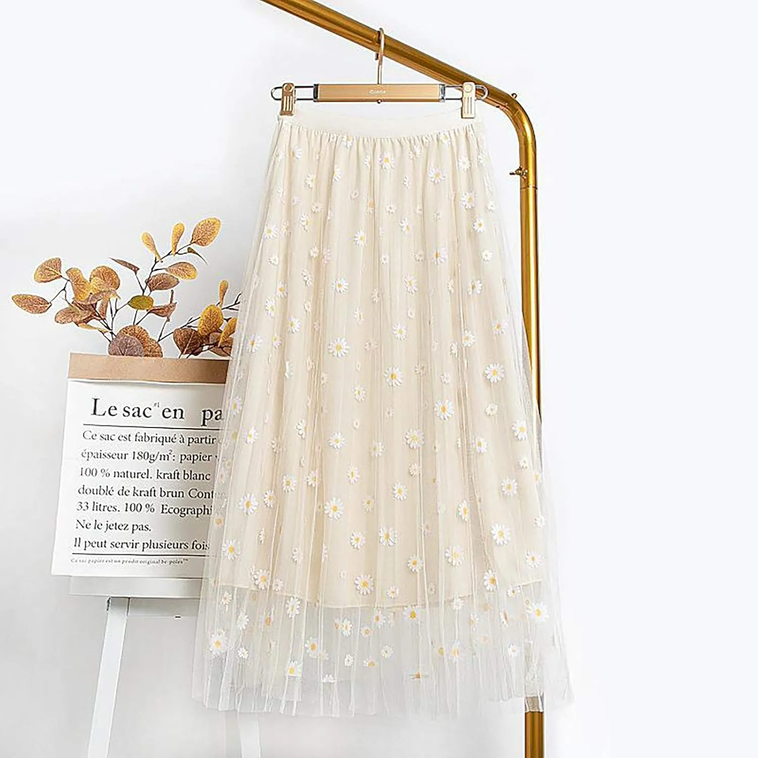 Elastic Waist skirts for women midi length Big Swing A-LineTulle Skirt skirts for women trendy Floral Pleated Mesh Overlay