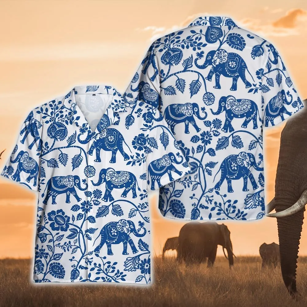 Elephant Hawaiian Shirts for Men - Elephant Lover Button Down Mens Shirts Short Sleeve Luau Beach Shirt