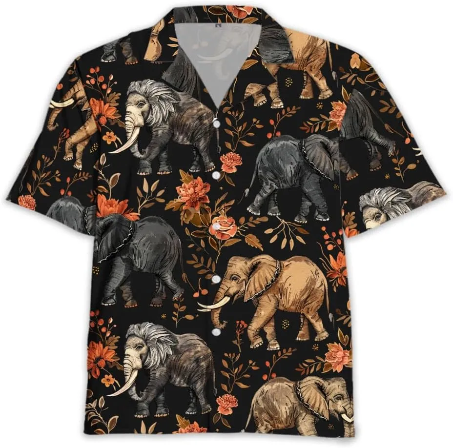 Elephant Hawaiian Shirts for Men - Elephant Lover Button Down Mens Shirts Short Sleeve Luau Beach Shirt