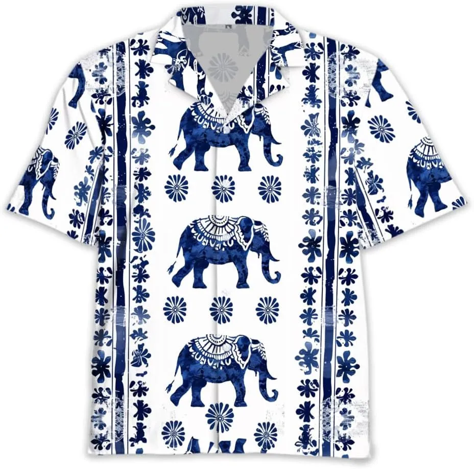 Elephant Hawaiian Shirts for Men - Elephant Lover Button Down Mens Shirts Short Sleeve Luau Beach Shirt
