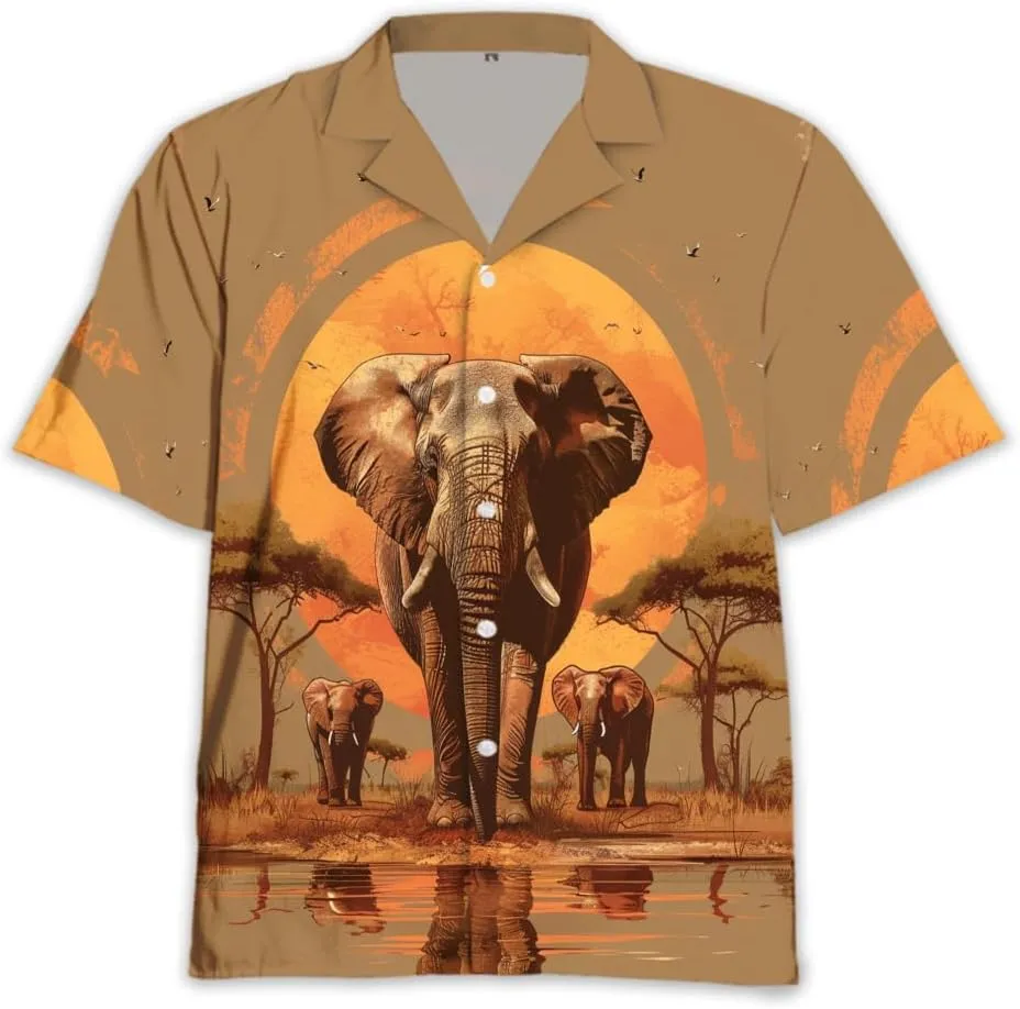 Elephant Hawaiian Shirts for Men - Elephant Lover Button Down Mens Shirts Short Sleeve Luau Beach Shirt