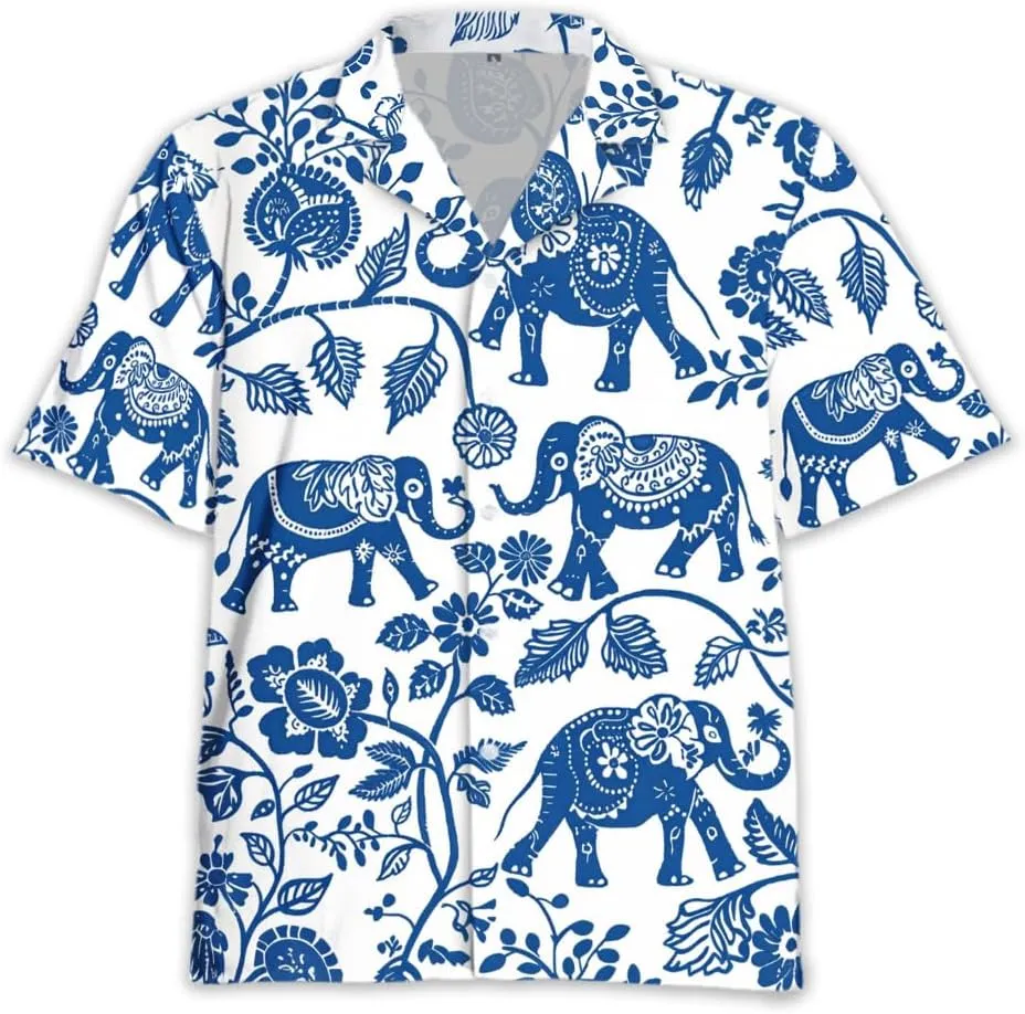 Elephant Hawaiian Shirts for Men - Elephant Lover Button Down Mens Shirts Short Sleeve Luau Beach Shirt