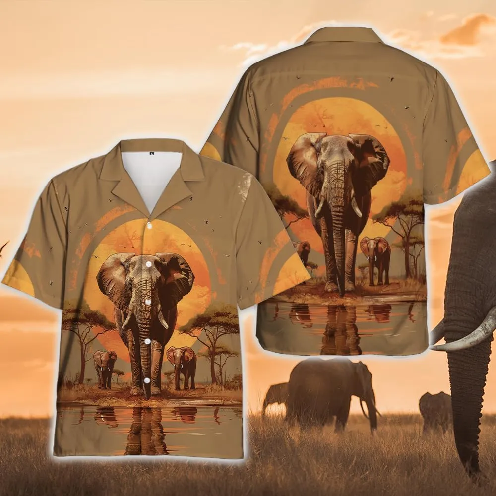 Elephant Hawaiian Shirts for Men - Elephant Lover Button Down Mens Shirts Short Sleeve Luau Beach Shirt