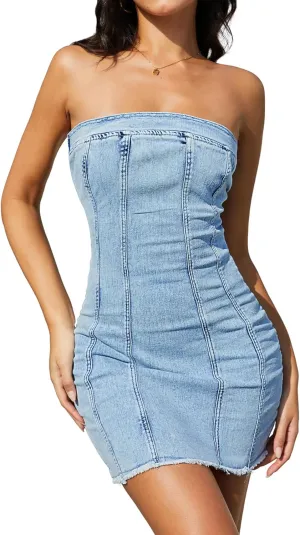ELLEVEN High Stretchy Strapless Denim Dress for Women, Summer Sexy Bodycon Mini Jean Dresses for Women 2025 Western Outfit