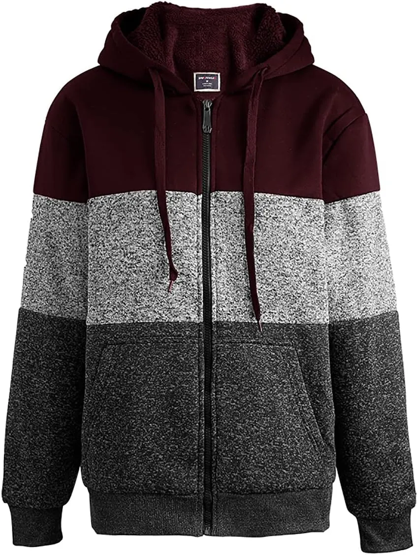 Facitisu Men's Winter Zip Up Hoodie Sherpa Fleece Sweatshirt Warm Thick heavyweight Coats Block Color Black/Grey/Wine Large