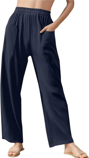 fanmpghleoo Linen Pants Women Summer Elastic High Waisted Wide Leg Linen Pants for Women 2025 Comfy Lounge Pants with Pockets