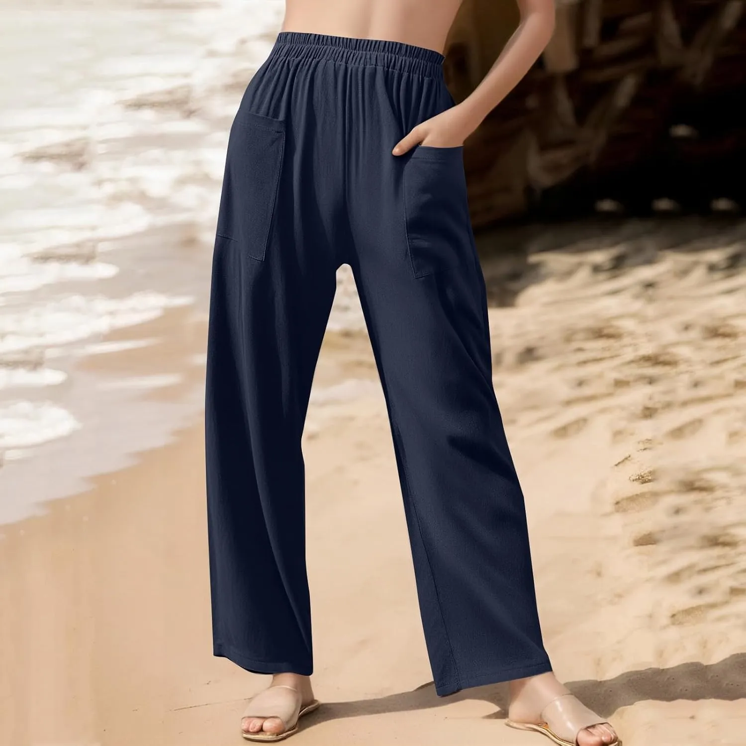 fanmpghleoo Linen Pants Women Summer Elastic High Waisted Wide Leg Linen Pants for Women 2025 Comfy Lounge Pants with Pockets