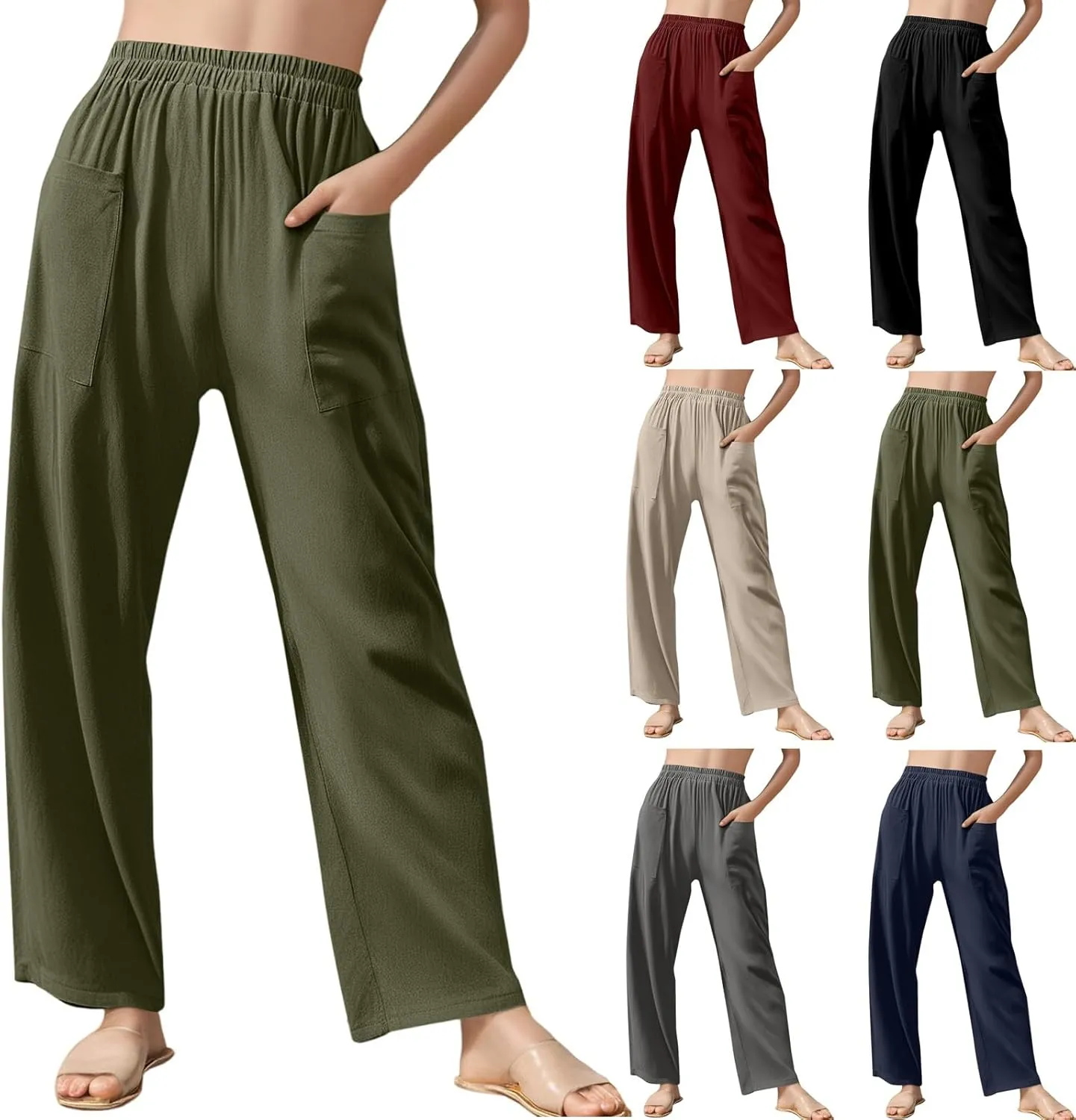 fanmpghleoo Linen Pants Women Summer Elastic High Waisted Wide Leg Linen Pants for Women 2025 Comfy Lounge Pants with Pockets