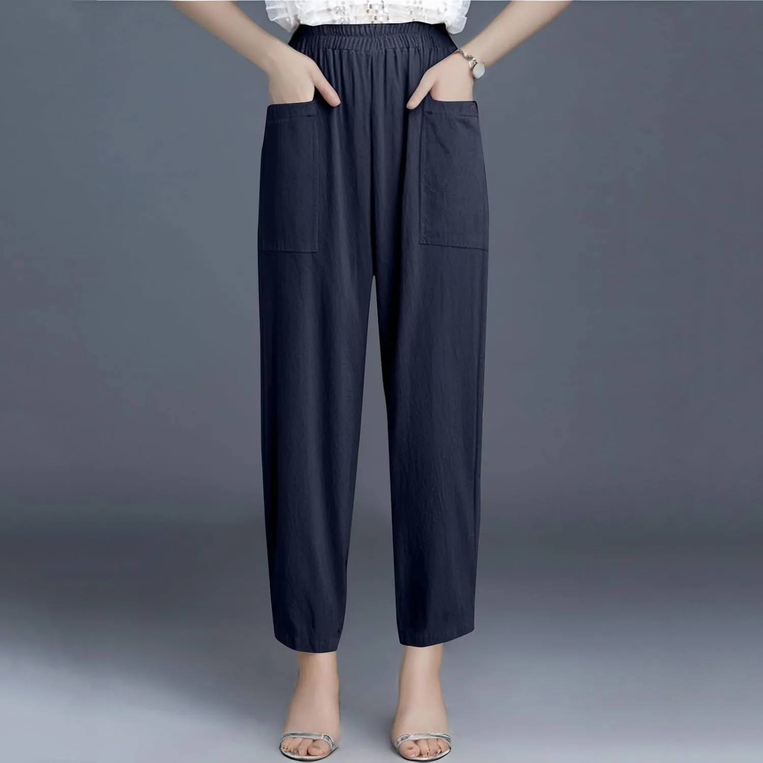 fanmpghleoo Linen Pants Women Summer Elastic High Waisted Wide Leg Linen Pants for Women 2025 Comfy Lounge Pants with Pockets