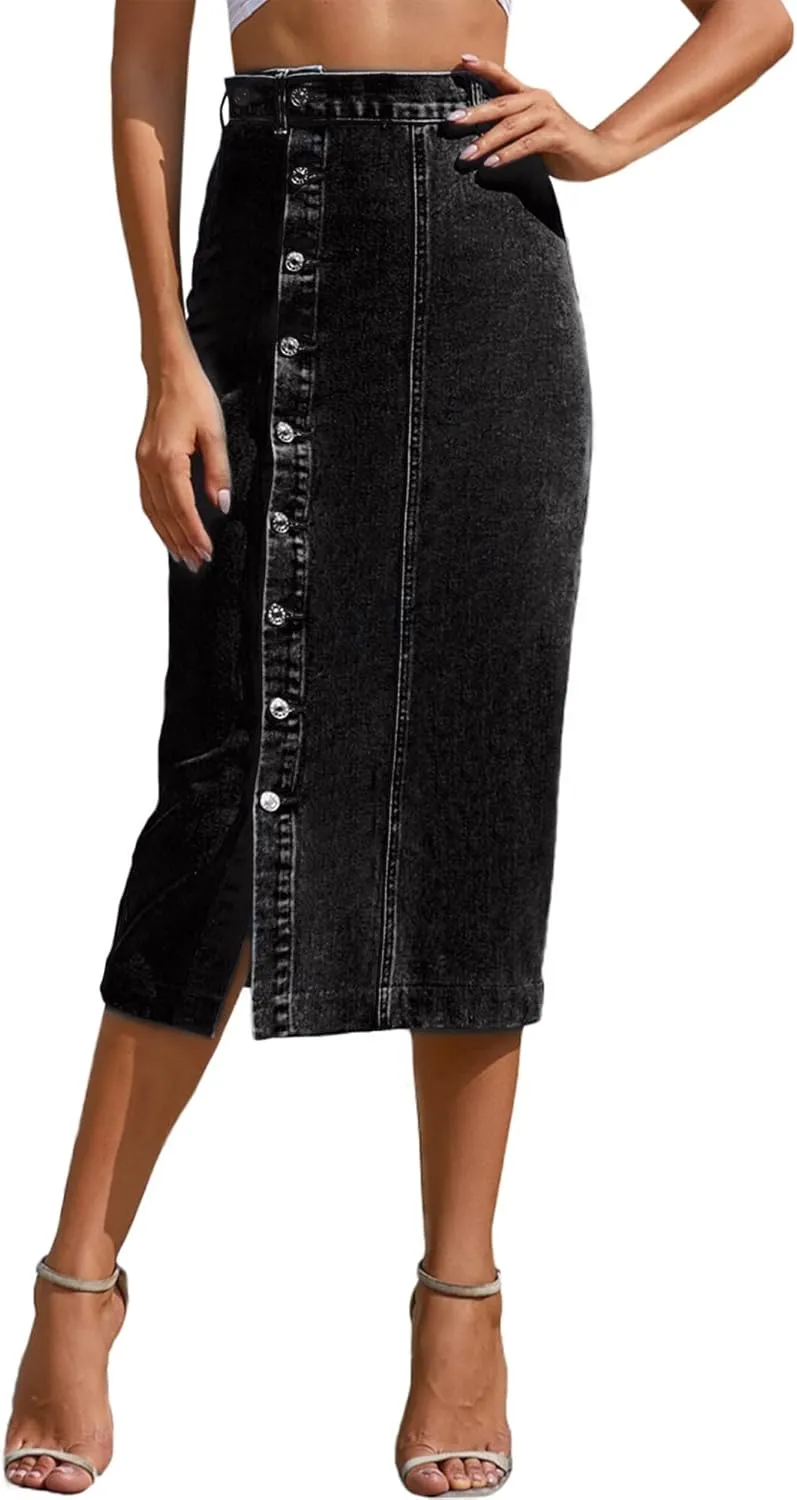 FEOYA Denim Skirt for Women Casual High Waist Midi/Mini Bodycon Skirt with Pockets Frayed Hem A Line Jean Skirts