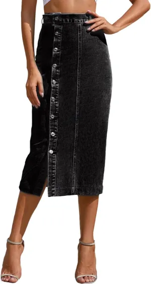 FEOYA Denim Skirt for Women Casual High Waist Midi/Mini Bodycon Skirt with Pockets Frayed Hem A Line Jean Skirts