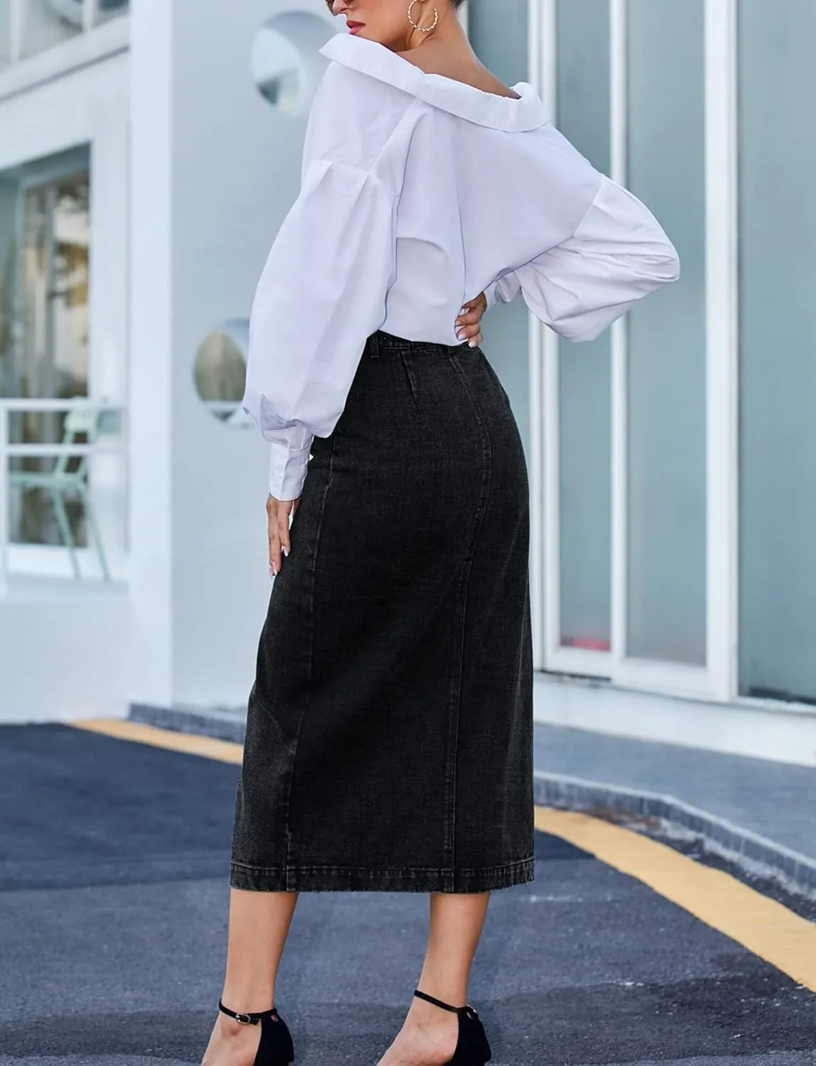 FEOYA Denim Skirt for Women Casual High Waist Midi/Mini Bodycon Skirt with Pockets Frayed Hem A Line Jean Skirts