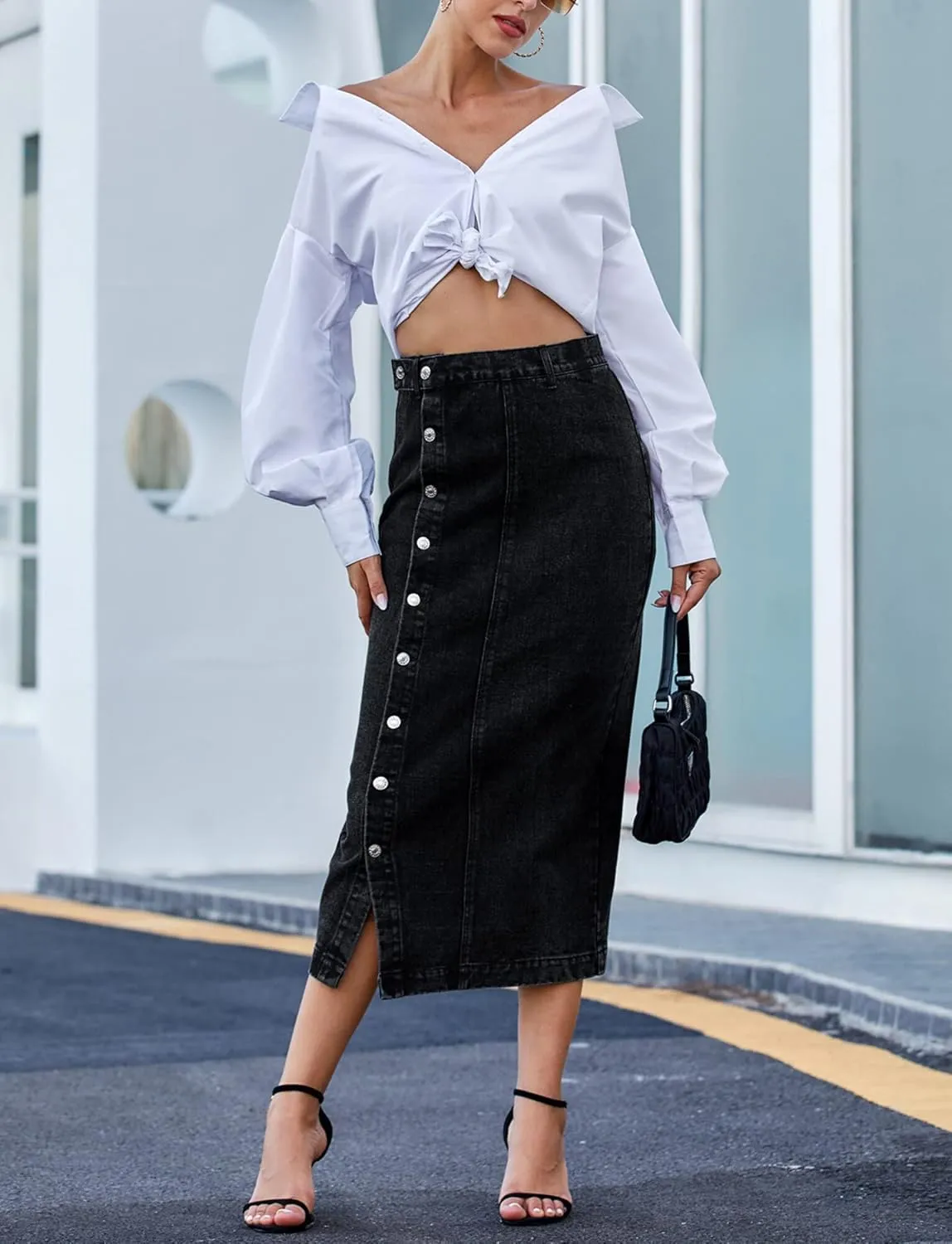 FEOYA Denim Skirt for Women Casual High Waist Midi/Mini Bodycon Skirt with Pockets Frayed Hem A Line Jean Skirts
