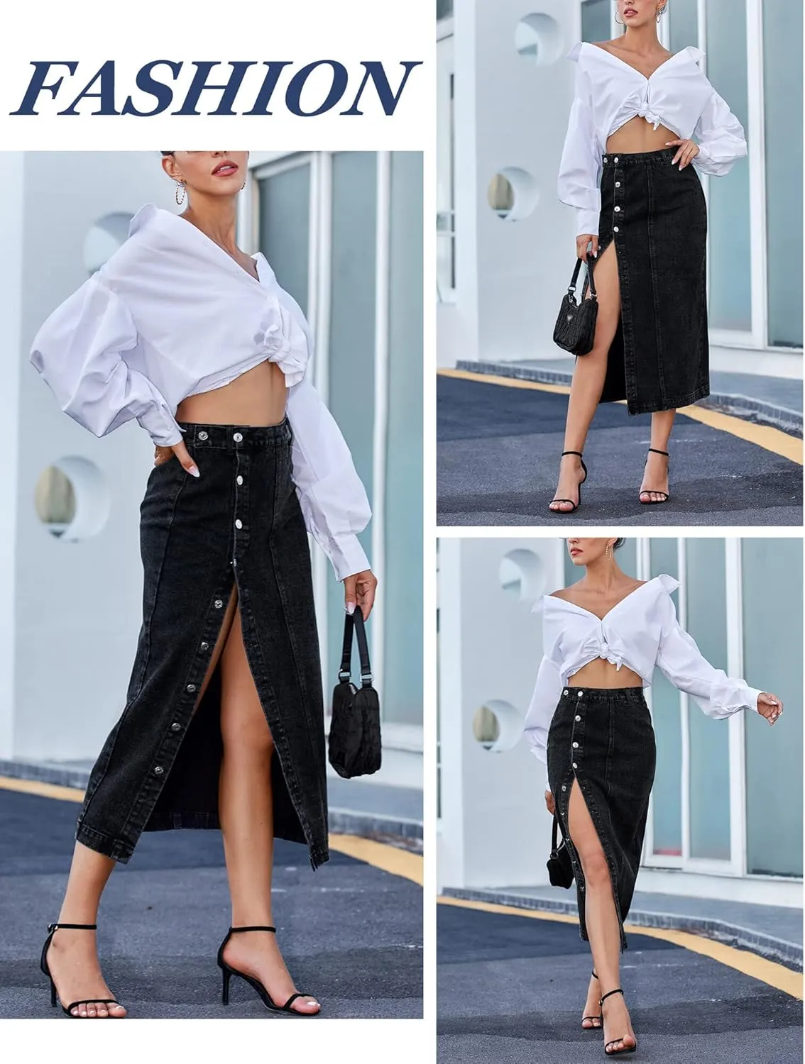 FEOYA Denim Skirt for Women Casual High Waist Midi/Mini Bodycon Skirt with Pockets Frayed Hem A Line Jean Skirts