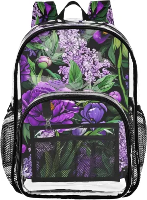 Floral Vibrant Purple Peonies Clear Backpack for Women Kids Backpack for Girls School Clear Plastic Bag Pvc