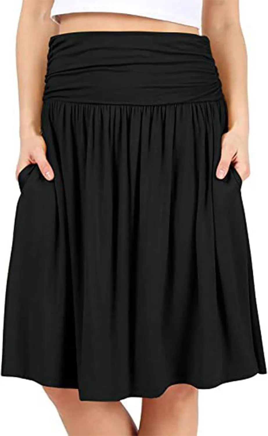 FZYLQY 2025 New Skirts for Women Regular and Plus Size Skirt with Pockets Below The Knee Length Ruched Flowy Midi Skirt