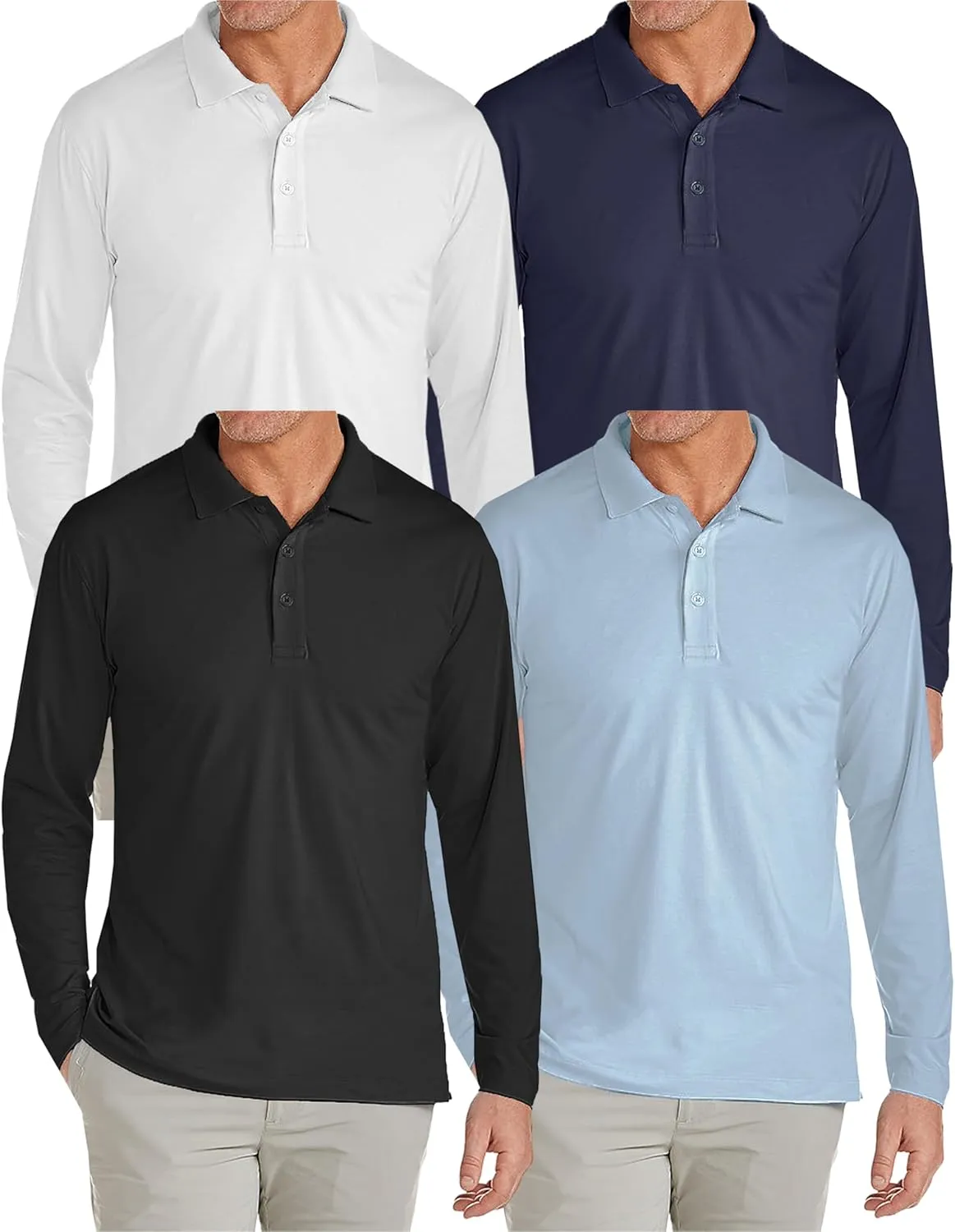 Galaxy by Harvic 4-Pack Men's Modern Fit Long Sleeve Stretch Pique Golf Polo Casual Collared Shirt (S-2XL)