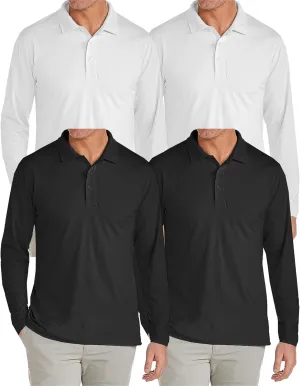 Galaxy by Harvic 4-Pack Men's Modern Fit Long Sleeve Stretch Pique Golf Polo Casual Collared Shirt (S-2XL)