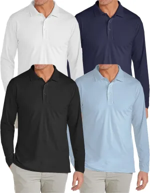 Galaxy by Harvic 4-Pack Men's Modern Fit Long Sleeve Stretch Pique Golf Polo Casual Collared Shirt (S-2XL)