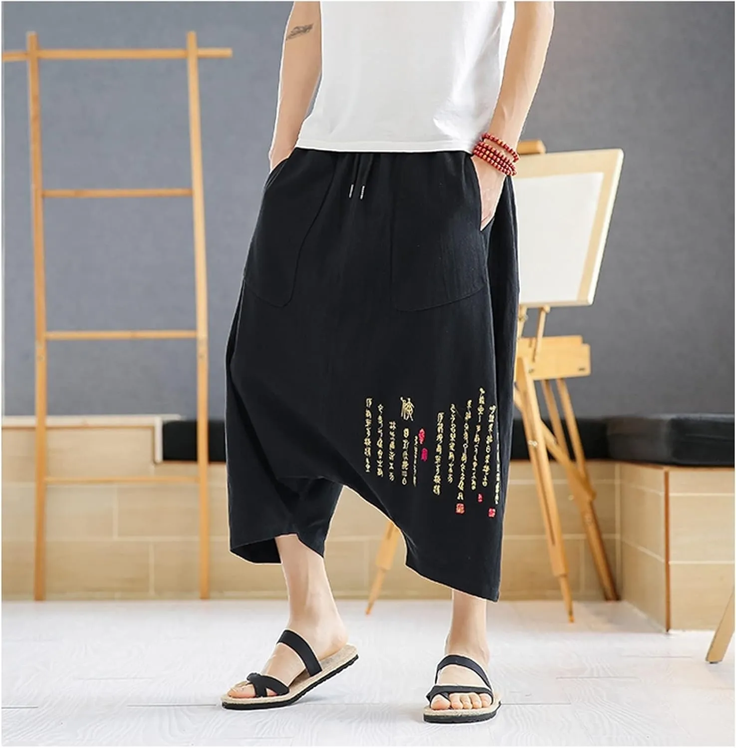 GTHTTT Men's Wide Leg Trousers Harem Yoga Baggy Pants Summer Beach Loose Trousers Relaxed Pants Sweatpants with Drawstring