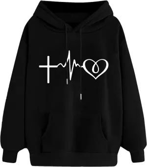 Heart Hoodies for Women Oversized Cute Graphic Pockets Drawstring Hooded Sweatshirts 2024 Fall Fashion Outfits