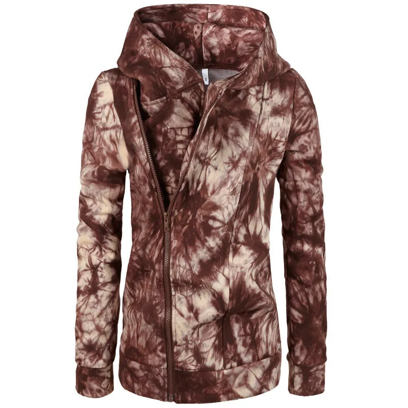 High Neck Zipper Slim Print Slim Hoodie