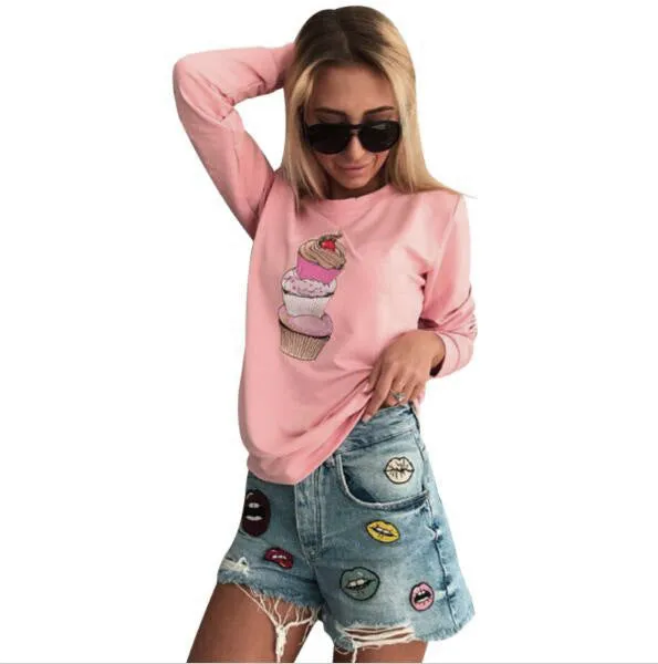 Ice Cream Print Solid Color Slim Sweatshirt