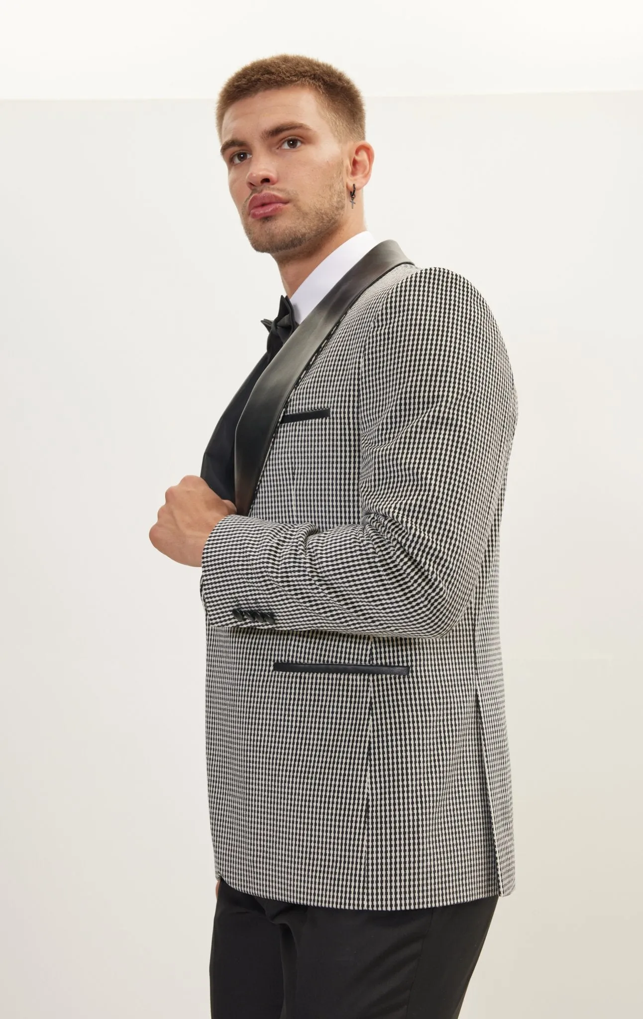 Italian Velvet Leather Shawl Lapel Tuxedo Jacket - Houndstooth