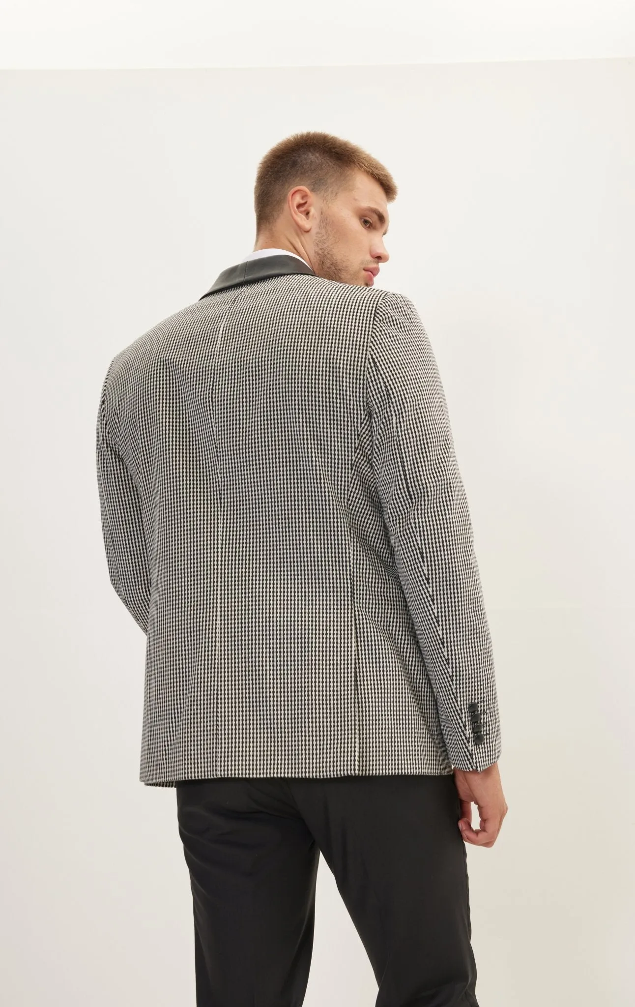 Italian Velvet Leather Shawl Lapel Tuxedo Jacket - Houndstooth
