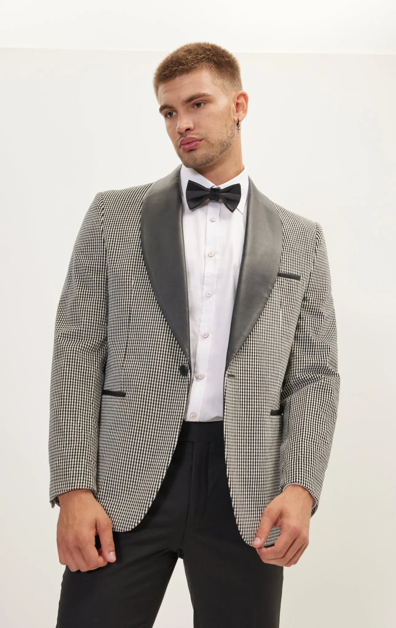 Italian Velvet Leather Shawl Lapel Tuxedo Jacket - Houndstooth
