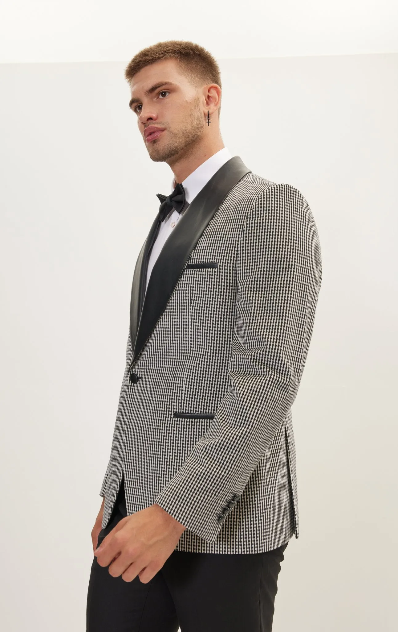 Italian Velvet Leather Shawl Lapel Tuxedo Jacket - Houndstooth