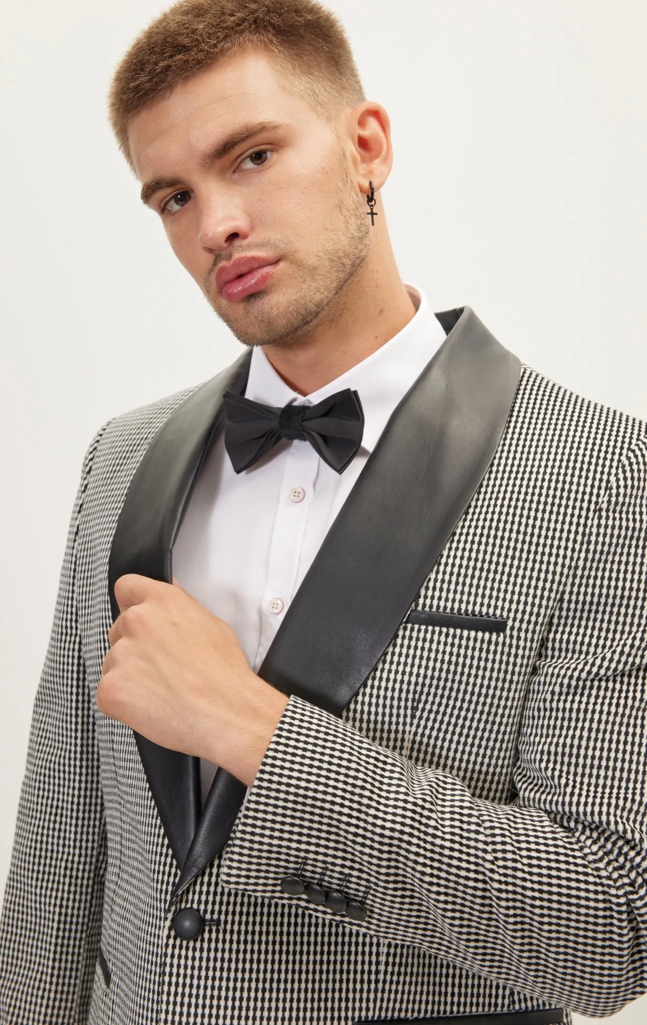 Italian Velvet Leather Shawl Lapel Tuxedo Jacket - Houndstooth