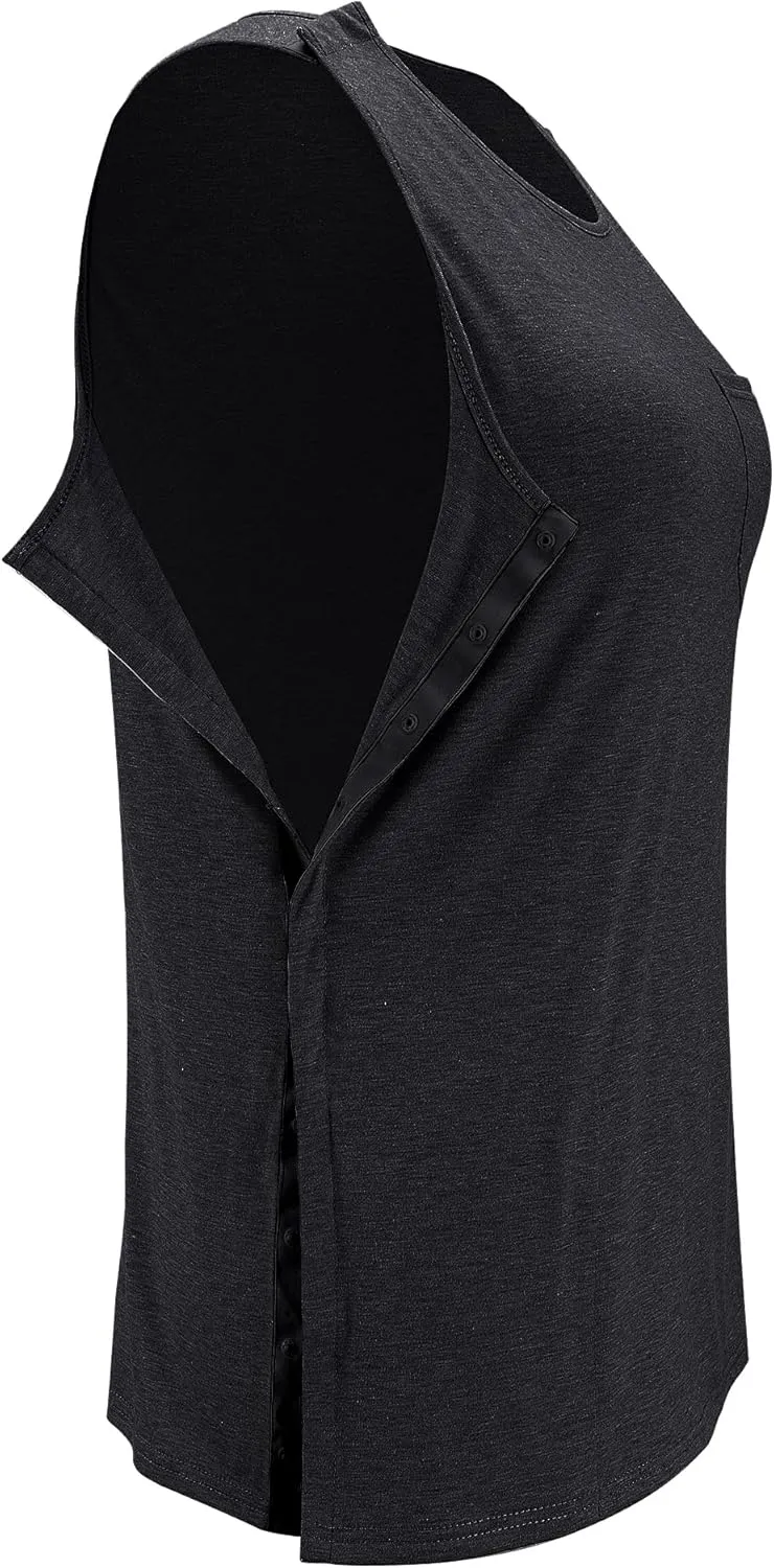 iWoo Post Surgery Tank Tops for Women/Men Mastectomy Shoulder Tearaway Snap Shirts Button Up Rotator Cuff Chemo Recovery