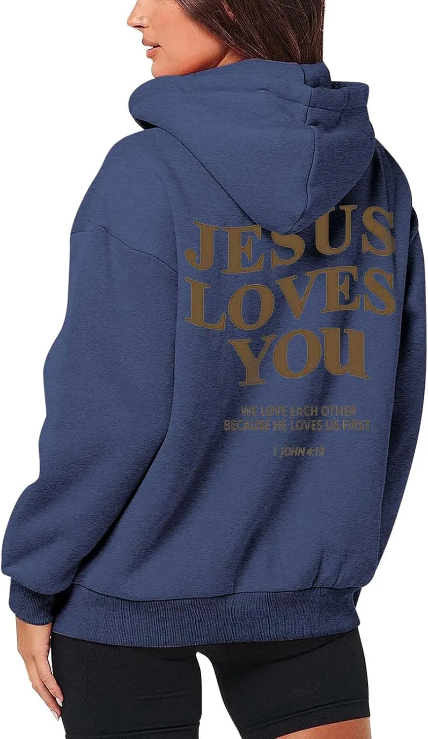Jesus Loves You Zip Up Christian Hoodies for Women Bible Verse Oversized Long Sleeve Pockets Drawstring Sweatshirts