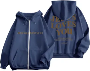 Jesus Loves You Zip Up Christian Hoodies for Women Bible Verse Oversized Long Sleeve Pockets Drawstring Sweatshirts