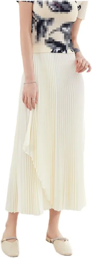 JITEM Pleated Midi Skirt Womens Chic Elastic High Waisted A Line Shirring Long Skirt Sweet Flowy Skirt for Casual or Office