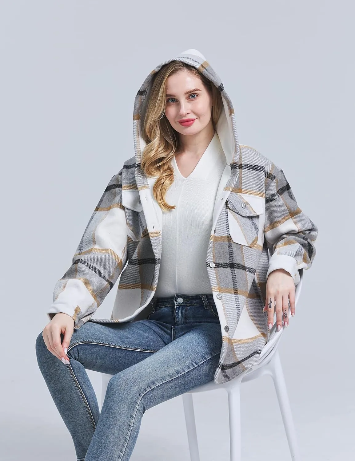 JK SUE JONES Women Fleece Hoodies Jacket Casual Flannel Plaid Sherpa Lined Fuzzy Coats Oversized Thick Outwear