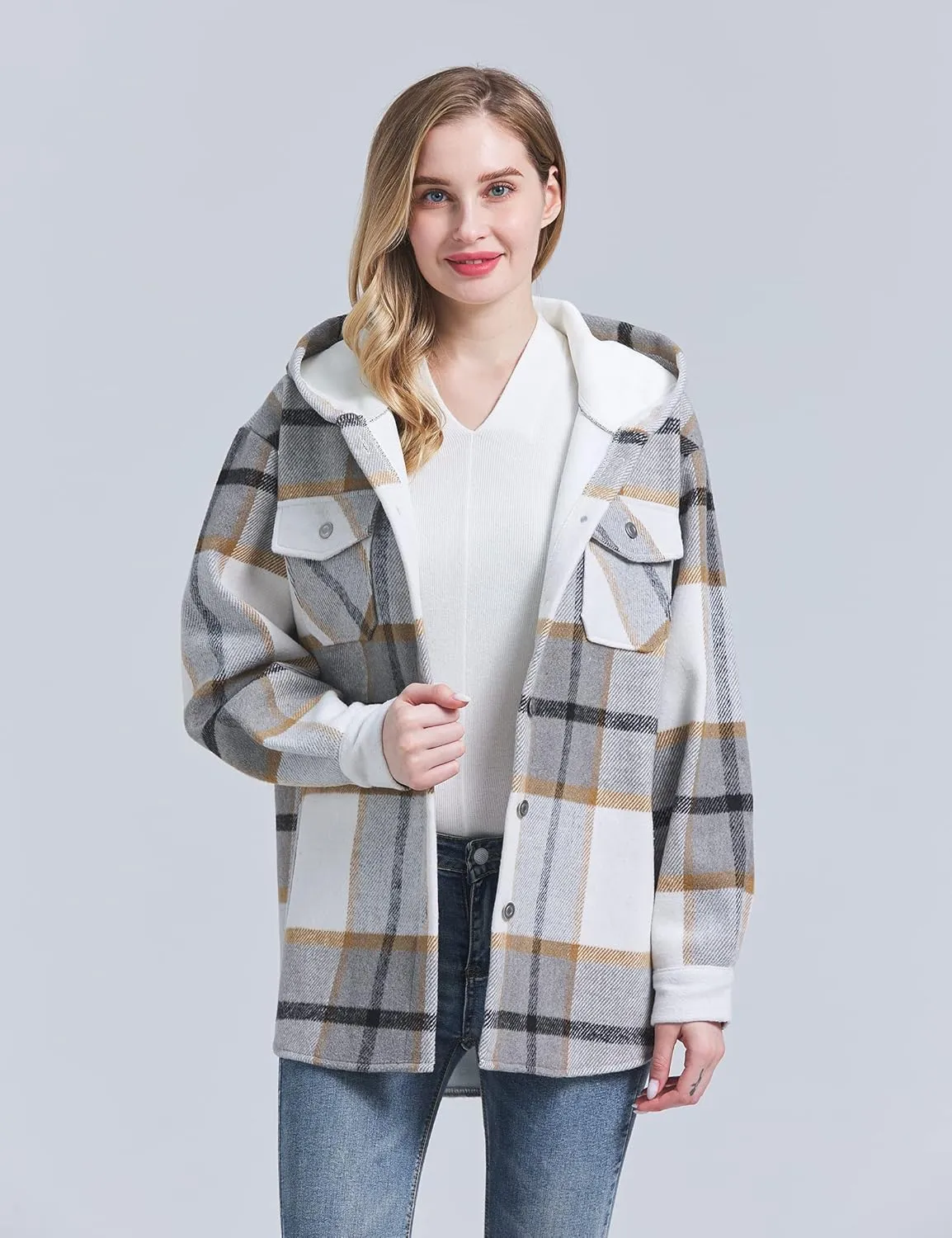JK SUE JONES Women Fleece Hoodies Jacket Casual Flannel Plaid Sherpa Lined Fuzzy Coats Oversized Thick Outwear