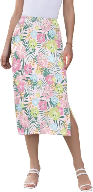 Joisal Chic Floral Pink Women Skirts Midi Length Skirt with Slit for Women, Women's Long Skirt Elastic Skirts for Women